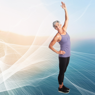 woman in workout attire stretching