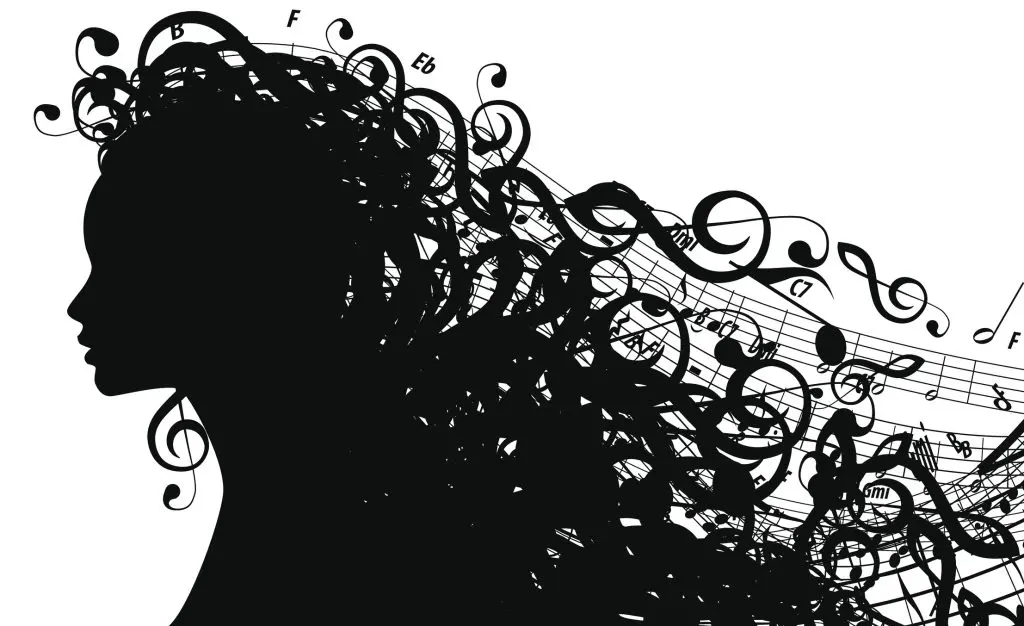 Silhouette of Female Head with Musical Symbols