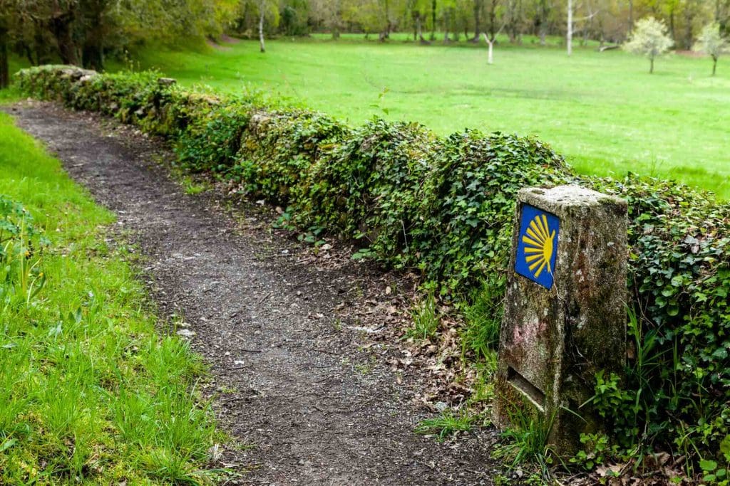 A dirt path runs alongside a green hedge and field, with a stone marker displaying a yellow scallop shell on a blue background, symbolizing the Camino de Santiago.