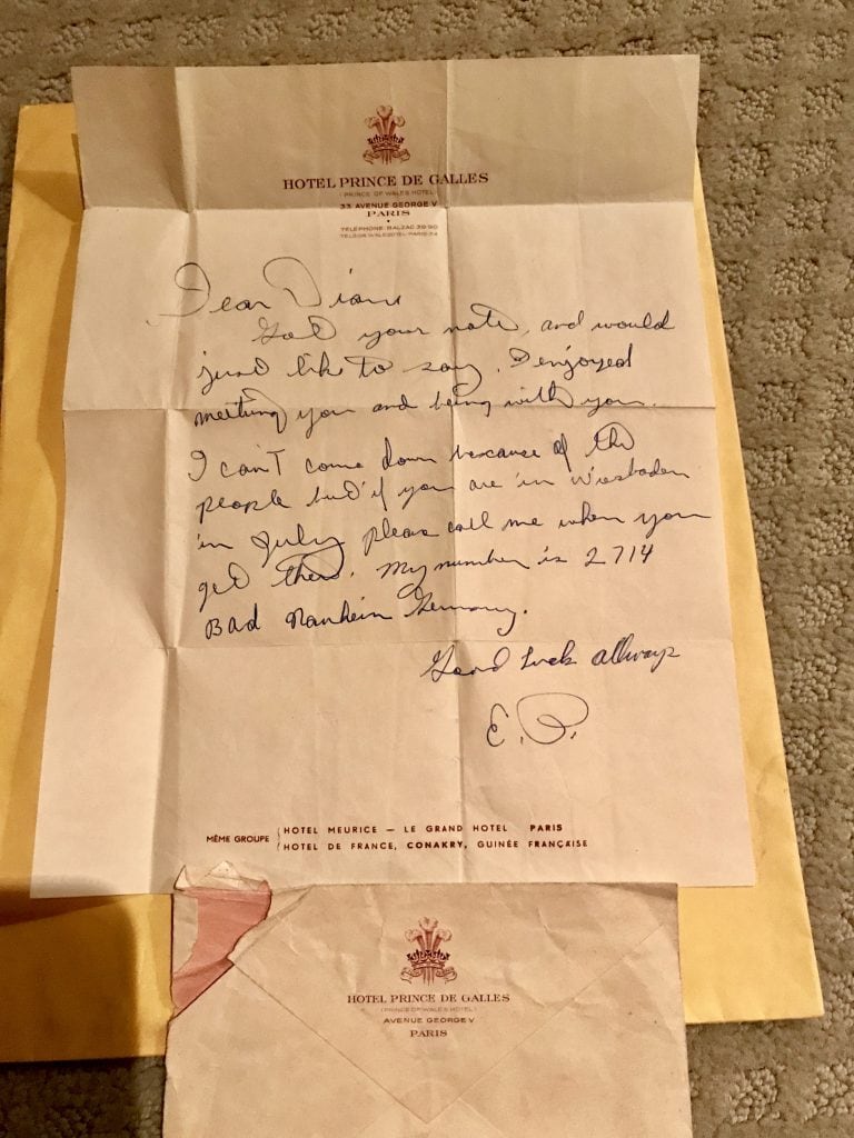 Personal handwritten letter on Hotel Prince de Galles stationery, vintage style.